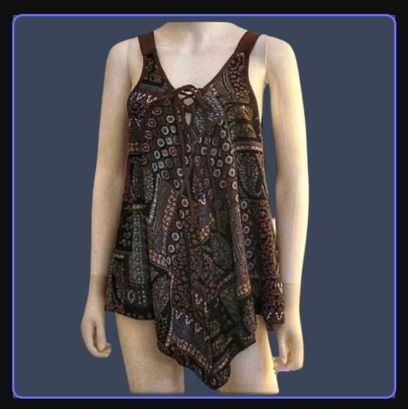 WRANGLER Faux Suede Floral Handkerchief Lace-up Sleeveless Slip Western Top - Picture 1 of 9